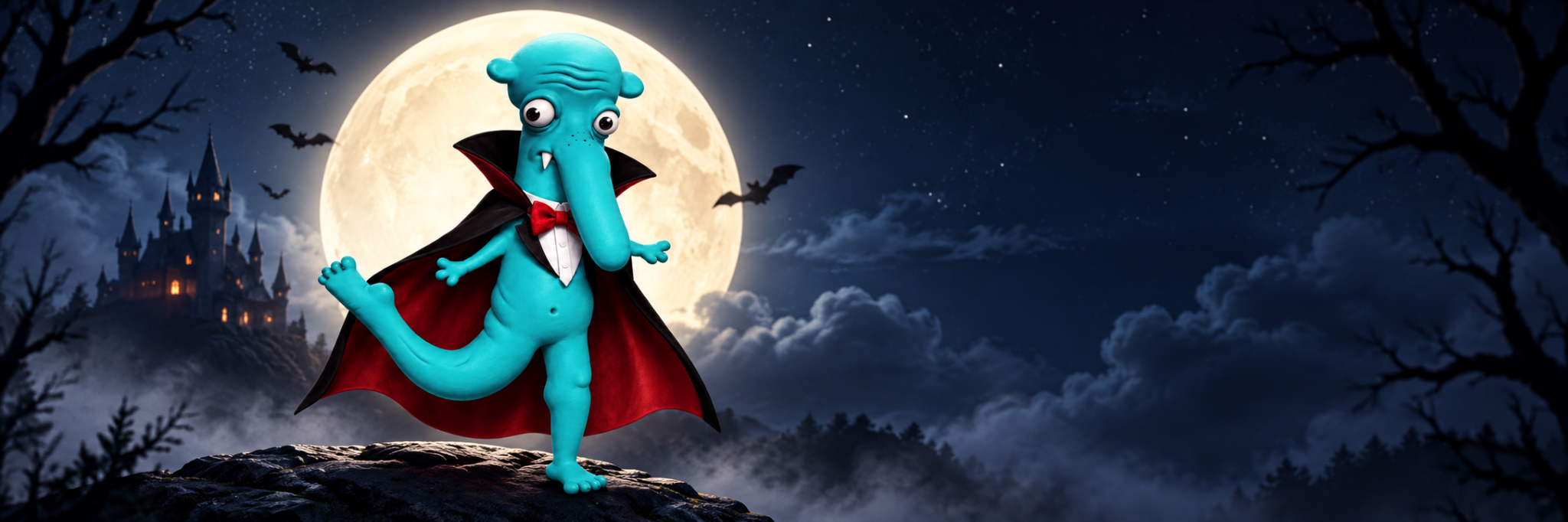 Original panoramic banner of VAMP in front of a full moon with a distant castle