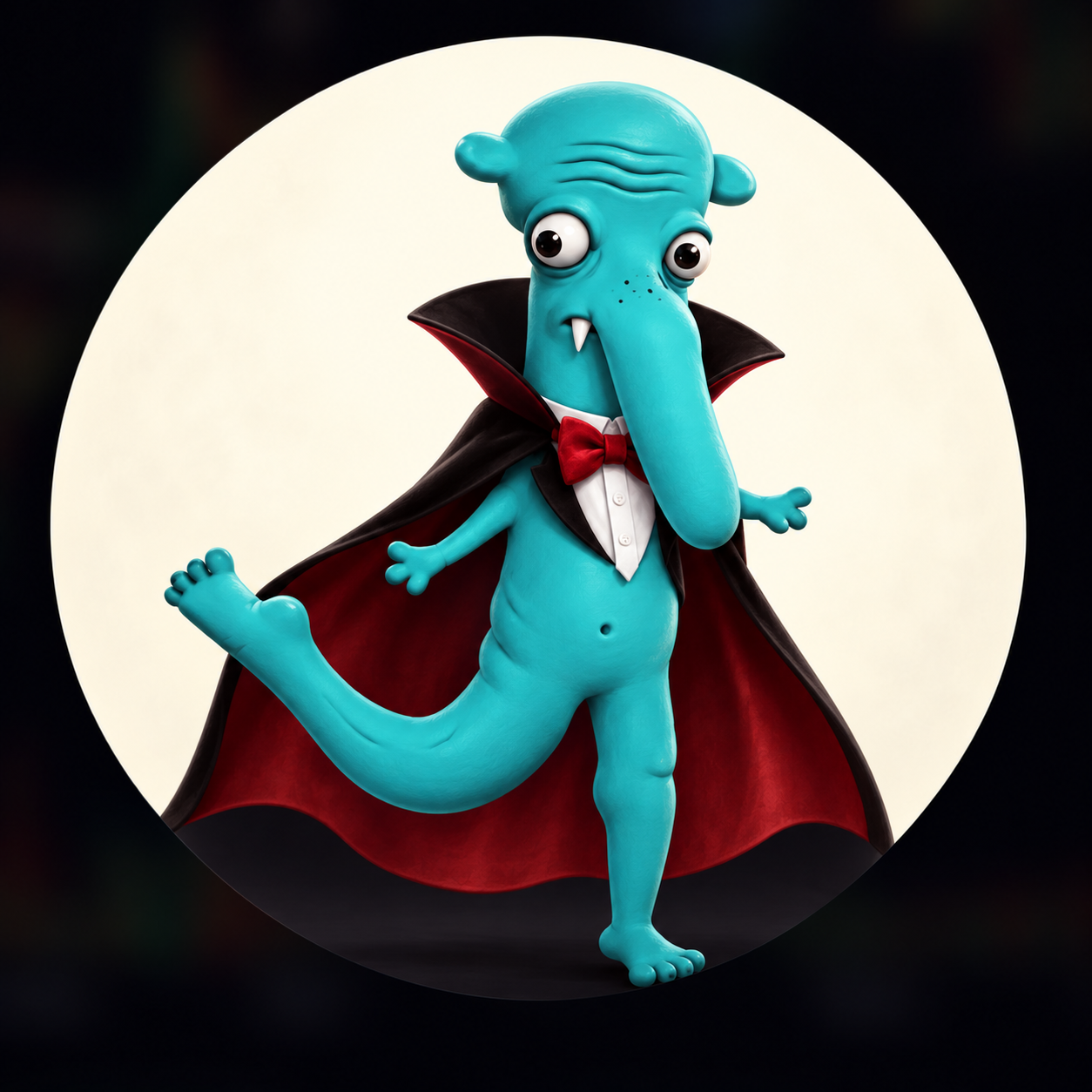 Turquoise VAMP spirit with a long nose, one fang and a crimson-lined black cape
