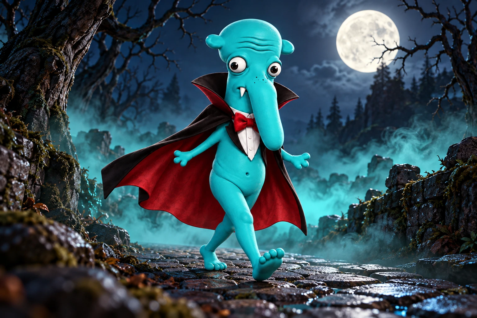 VAMP walking along a stone path in a misty moonlit forest