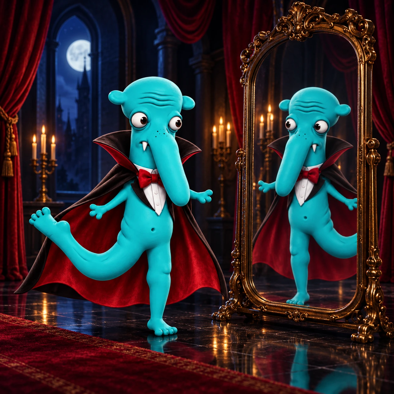 VAMP beside an antique mirror in a dark velvet hall