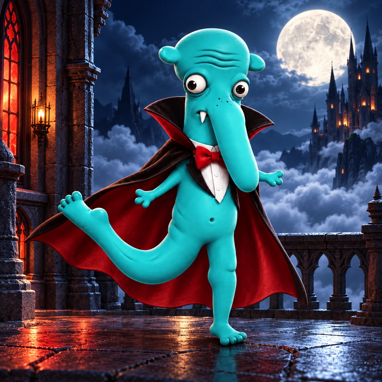 VAMP standing on a moonlit castle balcony above the clouds