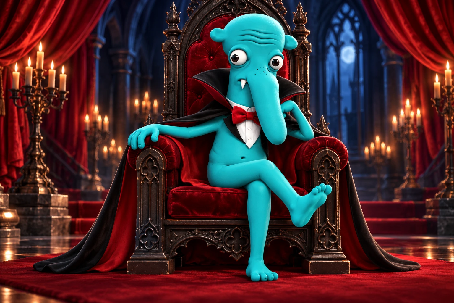 VAMP seated on an ornate gothic throne in a crimson-curtained hall